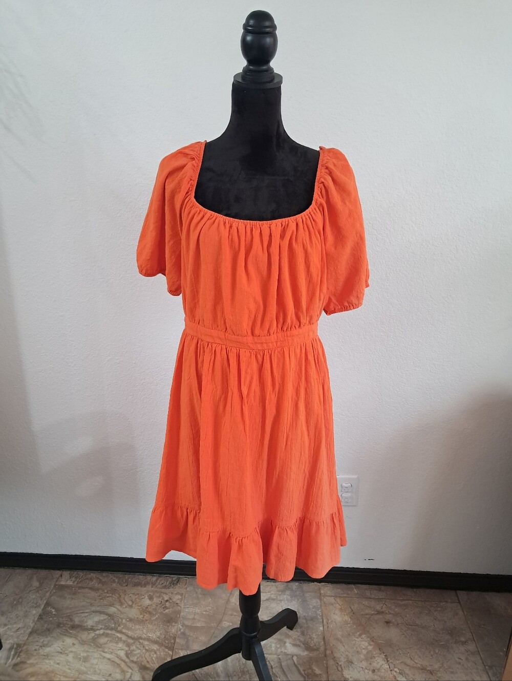 Hesperus Cotton Mini Dress Coquette Orange Cutout Back Puff Sleeve Flounce Hem